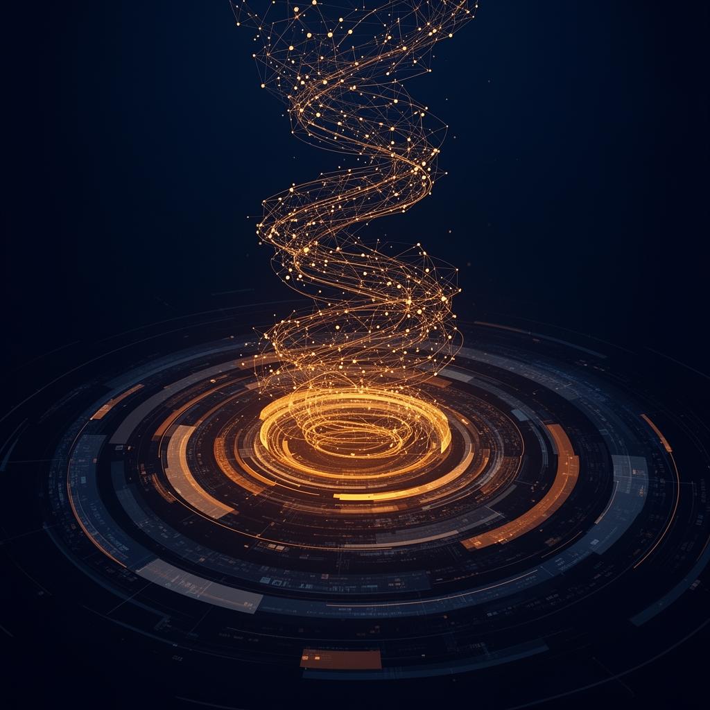 Ascending spiral of connected data nodes representing compounding institutional learning