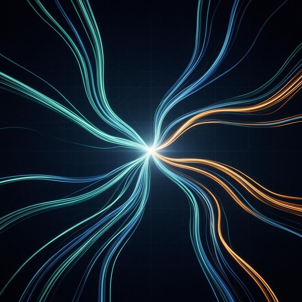 Multiple channel streams converging into a single unified luminous hub